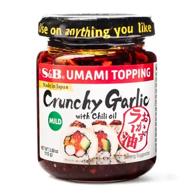 S&B Crunchy Garlic Chili Oil (Mild) – 3.88 oz | Umami Topping for Rice, Noodles & More Savory Flavor Dip Sauce