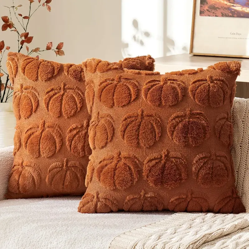Set of 2 Pumpkin Fall Decorative Pillow Covers, Soft Plush Home Decorative Cushion Cases, Perfect for Autumn Harvest, Farmhou...