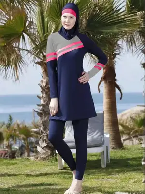 Women's Colorblock Striped Print Long Sleeve Round Neck Rashguard & Plain Pants & Hijab Set, Sporty Swimsuit for Beach Swim...