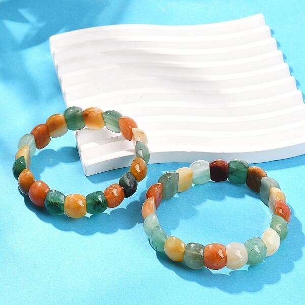 Natural Multi-Color Agate Beaded Stretch Bracelets for Women Men
