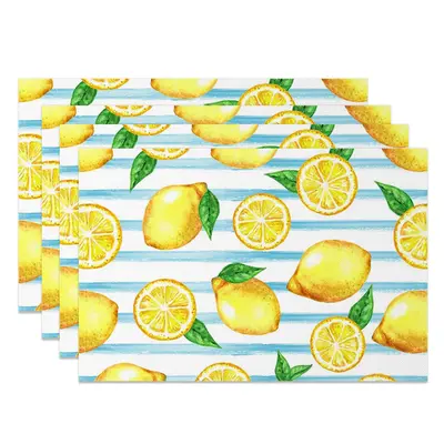 Aperturee Summer Blue White Stripe Lemon Set Of 4 Placemats, 14x12 Inch, 15.8 USD, NYWH00373-S, placemats