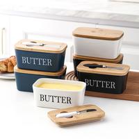 Ceramic Butter Dish Set, 1/10pcs Butter Box with Bamboo Wooden Lid & Knife, Modern Silicone Seal Food Storage Container for H...