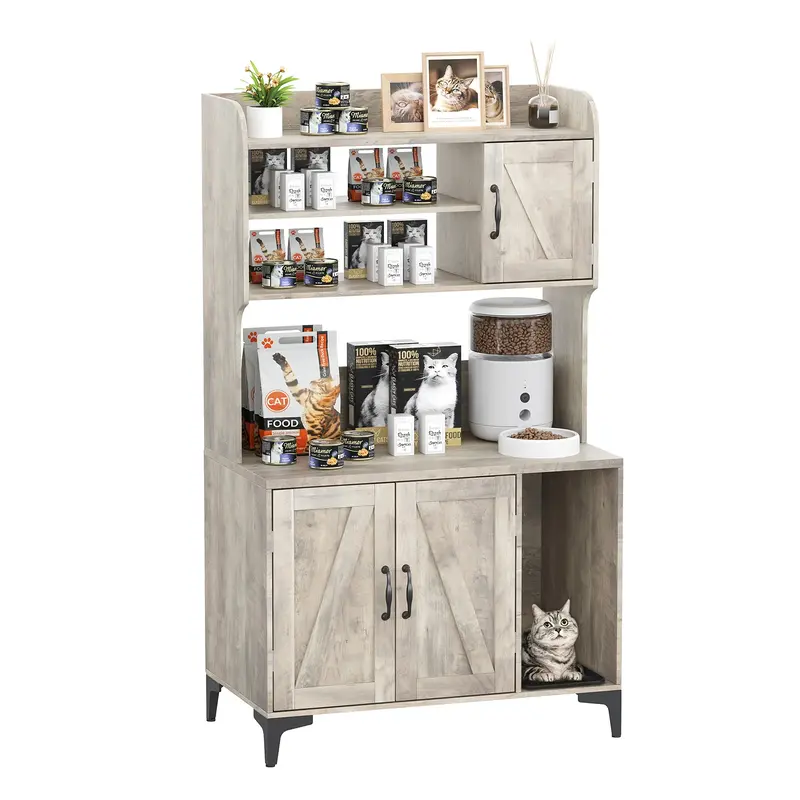 Garvee Cat Litter Box Enclosure, Modern Hidden Cat Litter Box Furniture with 4-Tier Storage Shelves, 2 Cabinets, Cat Litter M...