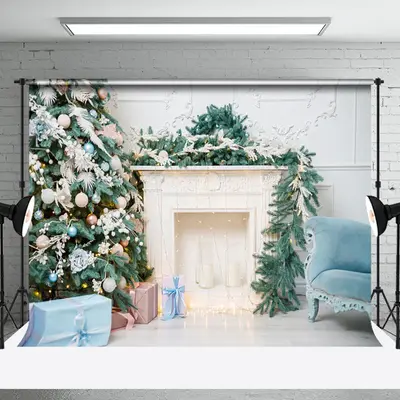 Aperturee Pine Leaves White Fireplace Sofa Christmas Backdrop