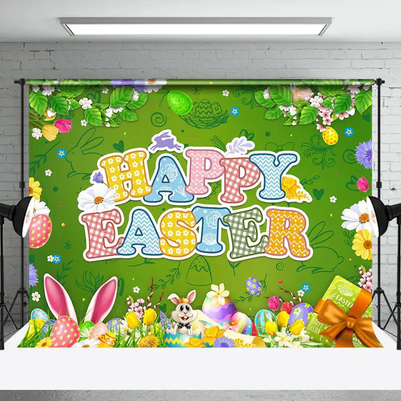 Aperturee Spring Greenery Bunny Eggs Happy Easter Backdrop | Easter Party Decorations | Easter Bunny Backdrop | Easter Backgr...