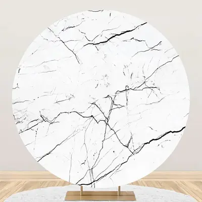White Marble Texture Black Round Birthday Backdrop - Aperturee