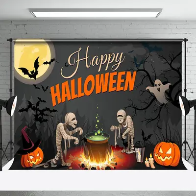 Ghost Skull Pumpkin Forest Happy Halloween Party Backdrop