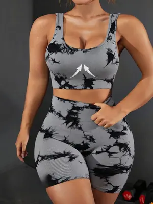 2 Piece Set Women's Tie Dye Print Sports Tracksuit Set, Fall Outfits, Fallfreshness, Racer Back Scoop Neck Crop Tank Top & H...