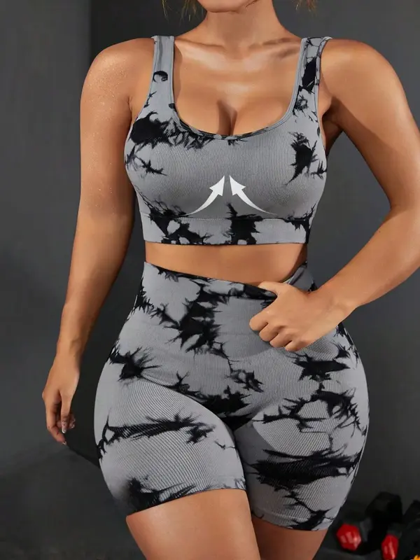 2 Piece Set Women's Tie Dye Print Sports Tracksuit Set, Fall Outfits, Fallfreshness, Racer Back Scoop Neck Crop Tank Top & H...