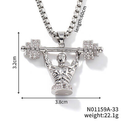 Cool Hip-hop High Street Fashion Brass Crystal Rhinestone Barbell Man Pendant Box Chain Necklaces