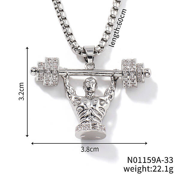 Cool Hip-hop High Street Fashion Brass Crystal Rhinestone Barbell Man Pendant Box Chain Necklaces