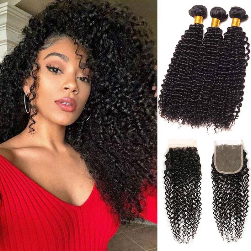 10A Kinky Curly Hair 4 Bundles With Closure Brazilian Hair Natural Color