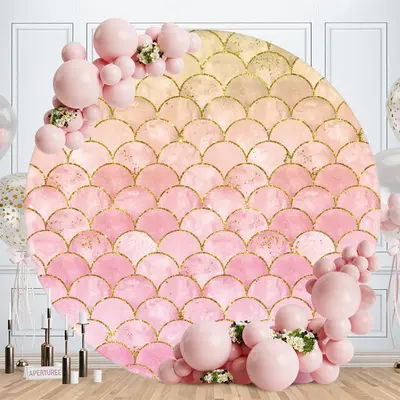 Aperturee Pink Glitter Round Mermaid Birthday Backdrop