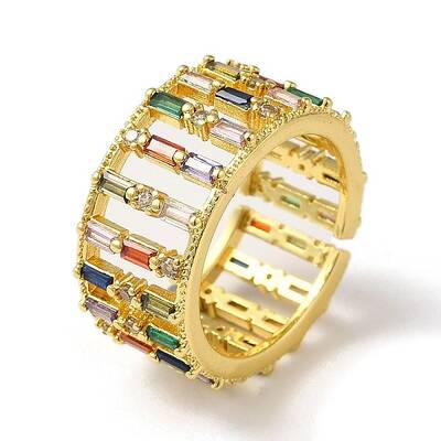 Rack Plating Brass Micro Pave Colorful Cubic Zirconia Rectangle Open Cuff Ring