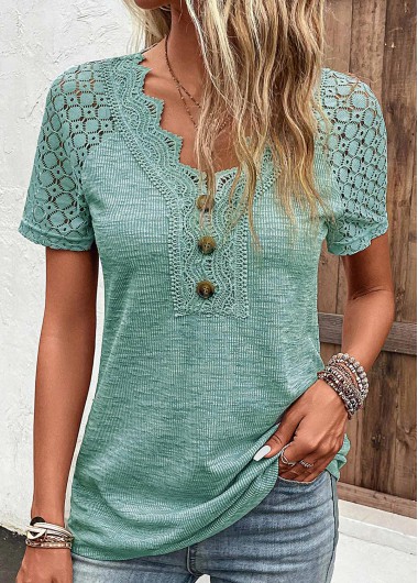 Modlily Green Lace Short Sleeve V Neck T Shirt - XL