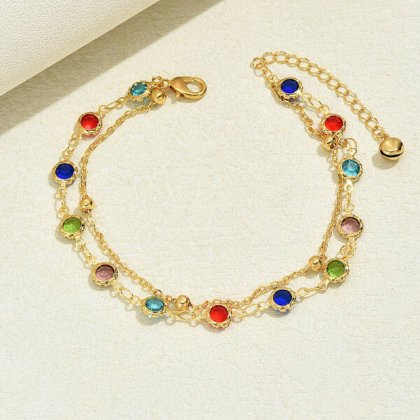 Fashionable Brass Cubic Zirconia Double Layer Women's Anklets in Real 18K Gold Plated Casual Style