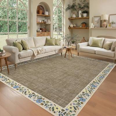 Garvee Bordered Taupe 10x13 Machine Washable Floral Area Rug Low Pile Soft Faux Wool TPR Backing Non-Slip Lightweight Foldabl...
