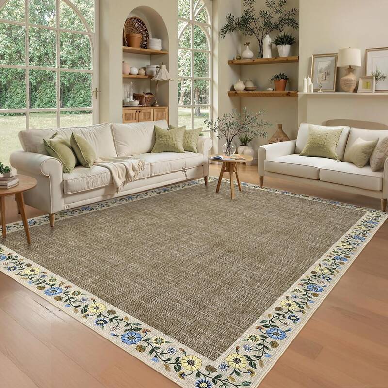 Garvee Bordered Taupe 10x13 Machine Washable Floral Area Rug Low Pile Soft Faux Wool TPR Backing Non-Slip Lightweight Foldabl...
