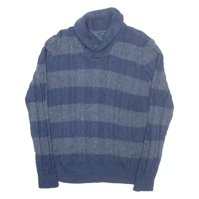 TOMMY HILFIGER Mens Patterned Jumper Blue Striped Roll Neck Cable Knit M