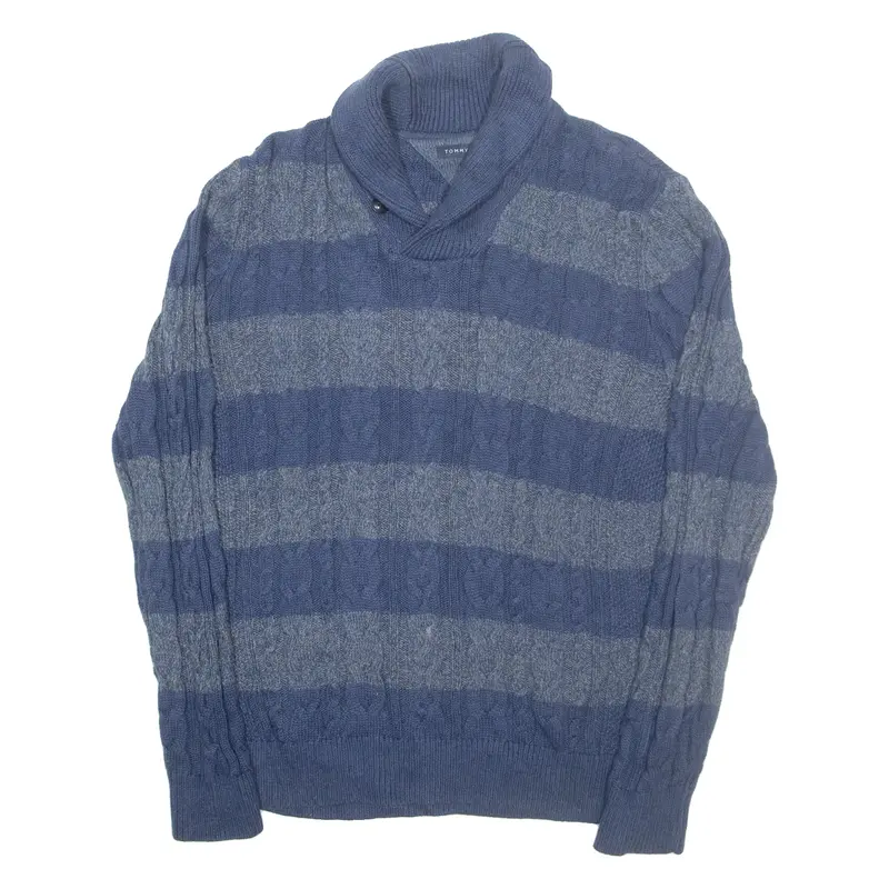 TOMMY HILFIGER Mens Patterned Jumper Blue Striped Roll Neck Cable Knit M