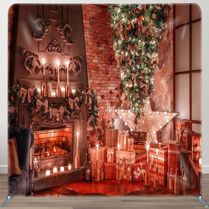 Xmas Tree Brick Wall Fireplace Pillow Case Backdrop - Aperturee