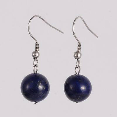 Round 304 Stainless Steel Natural Lapis Lazuli Dangle Earrings