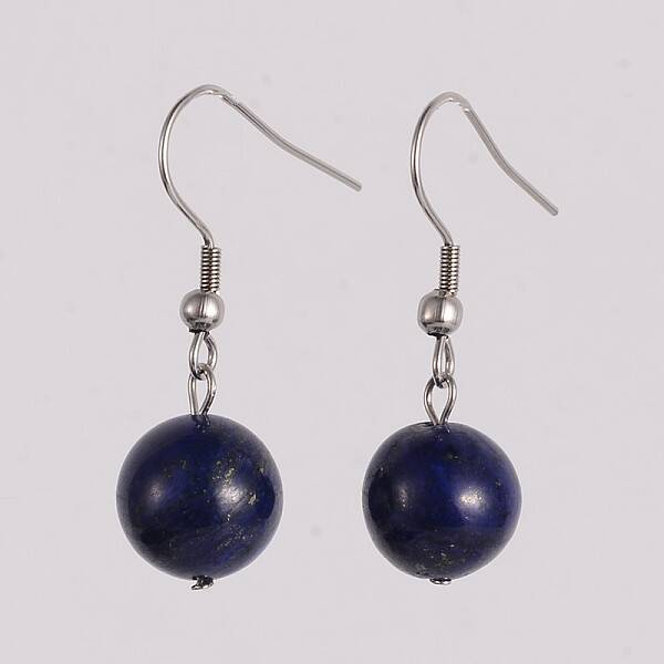 Round 304 Stainless Steel Natural Lapis Lazuli Dangle Earrings