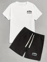 2 Pieces Men's Letter Print Summer Shorts Set, Regular Fit Crew Neck Short Sleeve Tee & Drawstring Waist Pocket Shorts, Stre...