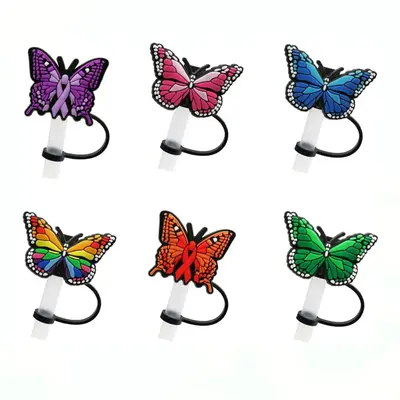 Mini Essential Items Reusable Butterfly Design Silicone Straw Cover Cap without Straw, 6pcs Assorted Color Dustproof Water Bo...