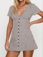 Women's Plaid Print Button Decor V Neck Shortsleeve Dress, Casual Trendy Boho Fashion Short Sleeve Dress for Daily Outdoor We...