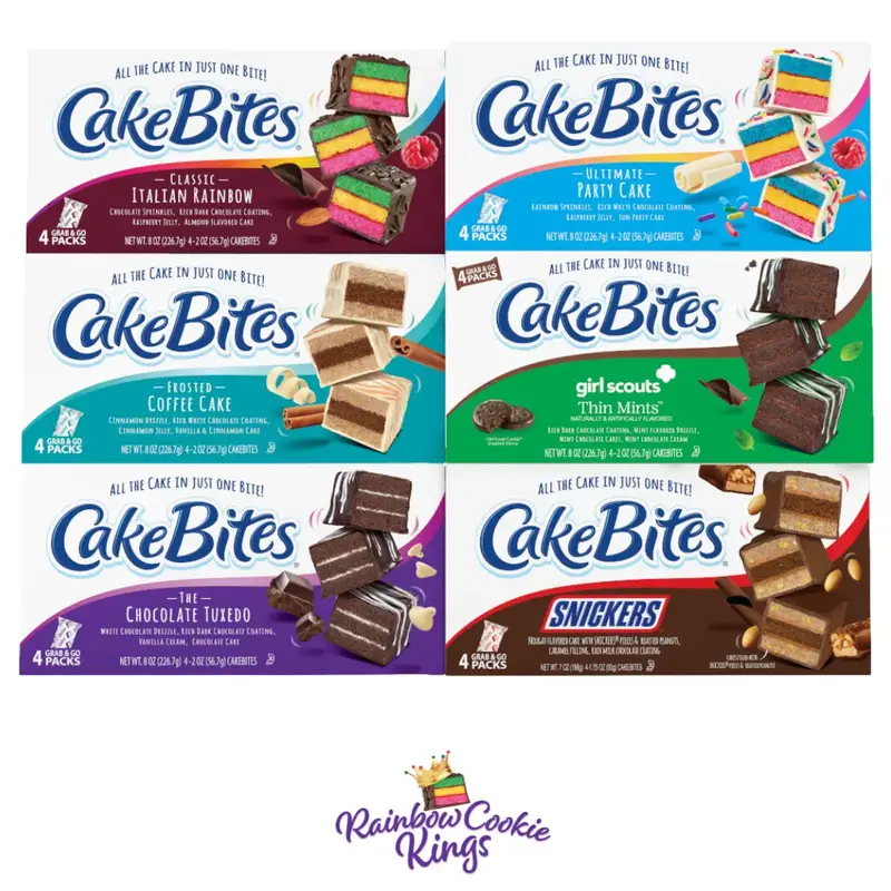 The Original Cakebites Family Pack Sampler - 6 Boxes (Italian Rainbow, Chocolate Tuxedo, Party Cake, Coffee Cake, Snickers, T...