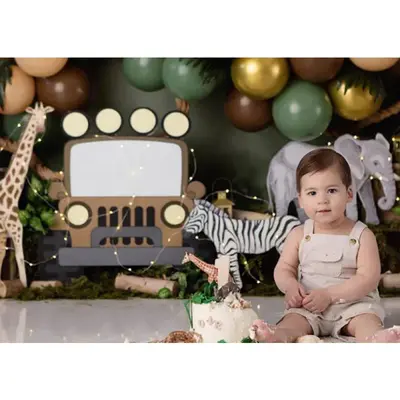 Jungle Forest Animals Green Cake Smash Backdrop - Aperturee