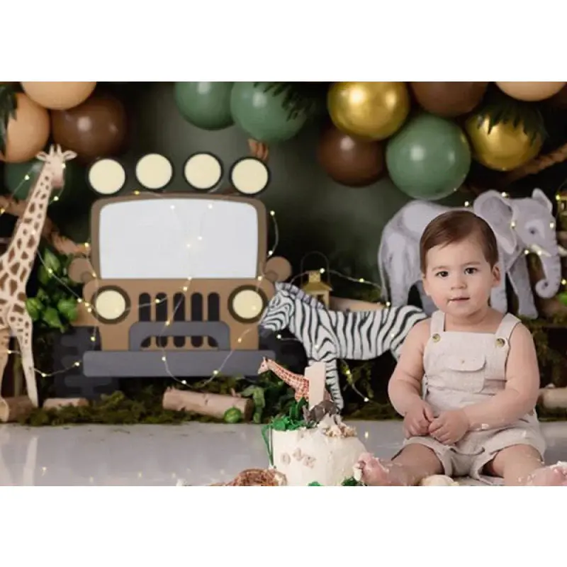 Jungle Forest Animals Green Cake Smash Backdrop - Aperturee