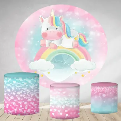 Aperturee Pink Bokeh Rainbow Unicorn Round Birthday Backdrop | Round Backdrop Fabric Cover | Custom Round Backdrop | Circle B...