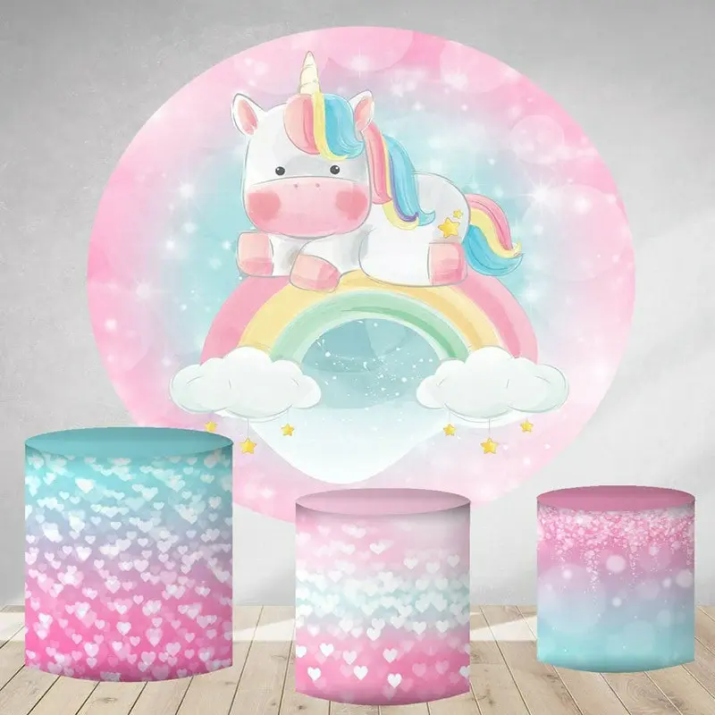 Aperturee Pink Bokeh Rainbow Unicorn Round Birthday Backdrop | Round Backdrop Fabric Cover | Custom Round Backdrop | Circle B...