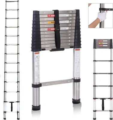 BOWEITI Extendable Ladder 12.5 Feet, Extended Step Ladder One-Touch Extension, Collapsible Ladder Slow-Down Design for Home R...