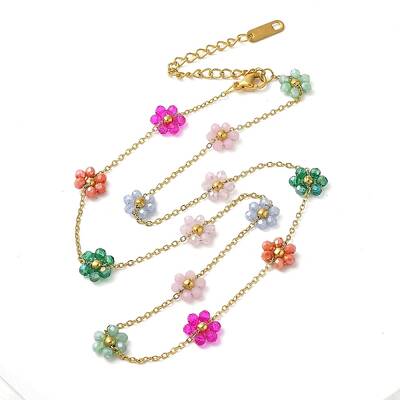 304 Stainless Steel & Glass Colorful Flower Link Chain Necklaces for Women