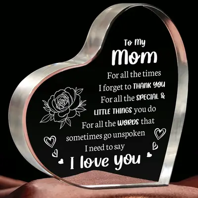 Heart Shaped Acrylic Block, 1/12pcs Flower & Letter Pattern Decorative Ornament, Inspirational Creative Gift for Mom