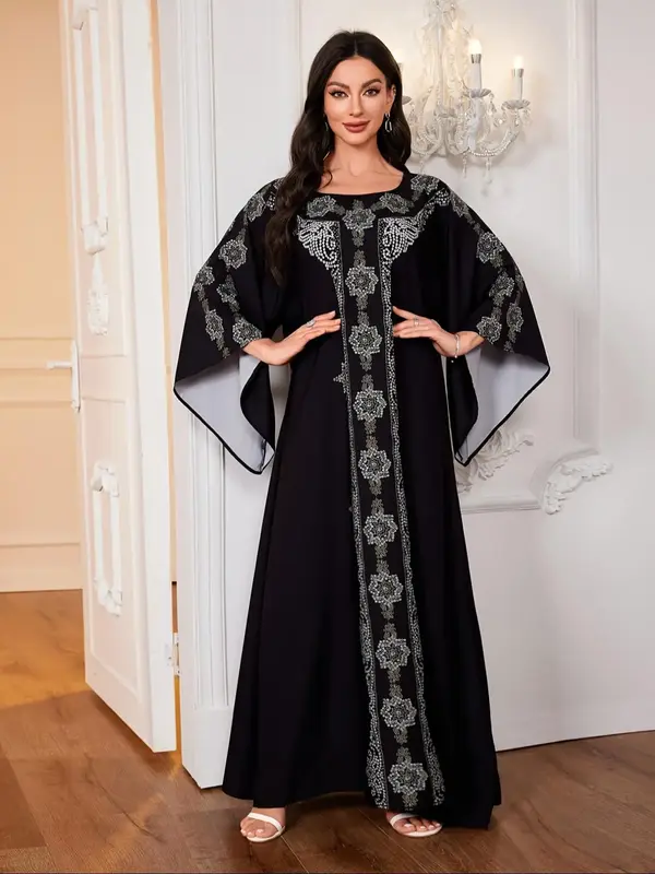 Women's Ethnic Pattern Round Neck Kaftan, Modest 3/4 Sleeve Maxi Dress for Daily Wear, Ladies Islamic Clothing for All Season...