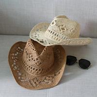 1pcs Fashion Hollowed Handmade Cowboy Straw Hat Women Men Summer Outdoor Travel Beach Hats Unisex Solid Western Sunshade Cap