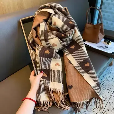 Plaid & Heart Pattern Tassel Design Scarf, Elegant Soft Warm Thick Shawl for Women & Men, Fashion Accessories for Fall & Wint...