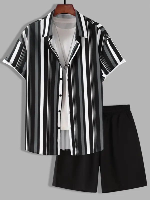 Men's Striped Print Button Front Shirt & Drawstring Waist Shorts, Men's Designer Outfits Set, Regular Fit Streetwear Printe...