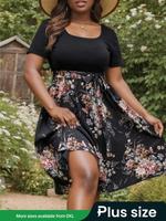 【Plus Size】 Floral Patchwork Print Belted Tie Front Vintage Dress, Boho Casual Short Sleeve Round Neck A Line Dress for S...