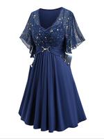 【Plus Size】 Star Patchwork Print Fake Buttons Ruched Wrap Dress, Elegant Butterfly Sleeve Pocket Chain Detail Dress for P...