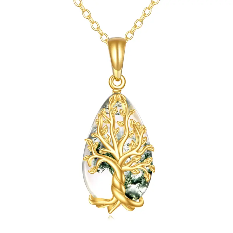 14K Gold Moss Agate Tree Of Life Pendant Necklace