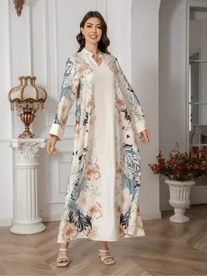 Women's Floral Print Long Sleeve Dress, Elegant Fashion Casual Long Dress for Daily Outdoor Wear, Women's Islamic Clothing fo...