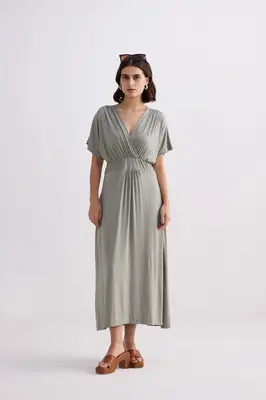 Flowy A-Line Maxi Dress with Side Slits in Light Olive | Color: Frost & Mist | Size: L