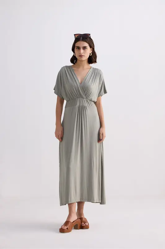 Flowy A-Line Maxi Dress with Side Slits in Light Olive | Color: Frost & Mist | Size: L