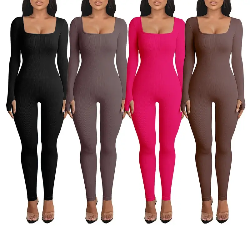 OEAK Women Long Sleeve Square Neck Yoga Jumpsuits Workout Playsuit Ribbed Bodycon Slim Fit Sport Romper