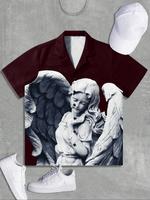 Men's Angel Print Short Sleeve Shirt, Regular Fit Casual Fashion Comfy Top for Daily Outdoor Wear, Men Clothes for Summer